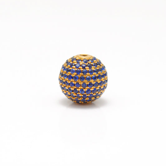 10mm Natural Blue Sapphire Pavé 14K Solid Gold Ball Spacer Bead – Front View