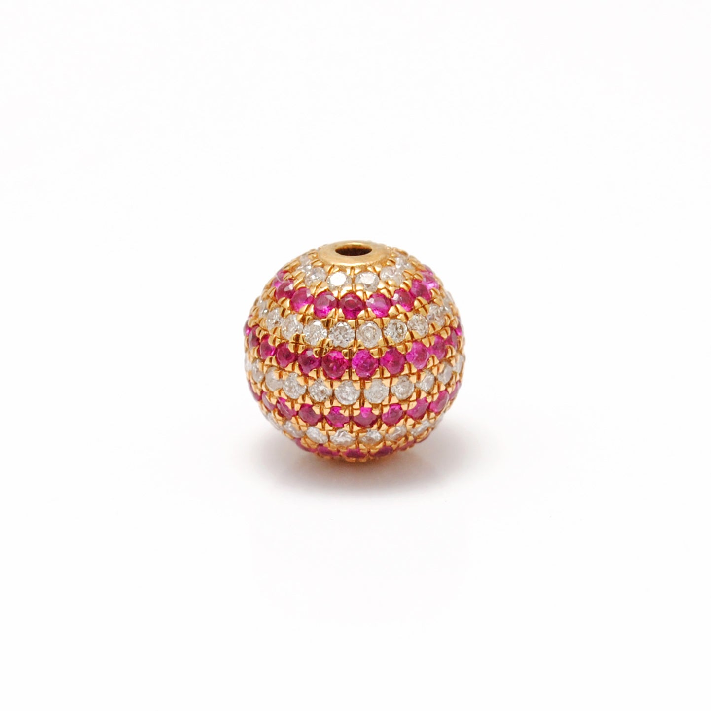 10mm Natural Diamond & Ruby Pavé 14K Solid Gold Ball Spacer Bead – Front View