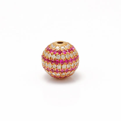 10mm Natural Diamond & Ruby Pavé 14K Solid Gold Ball Spacer Bead – Front View