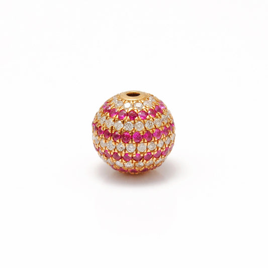 10mm Natural Diamond & Ruby Pavé 14K Solid Gold Ball Spacer Bead – Front View