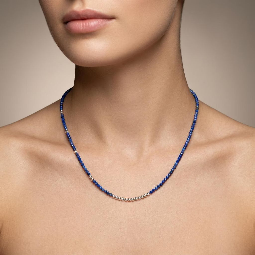 Natural Lapis Lazuli Rondelle Beaded Necklace | Handmade Deep Blue Gemstone Strand Necklace for Women | Elegant Gift