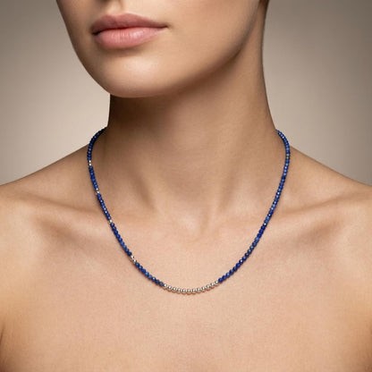 Natural Lapis Lazuli Rondelle Beaded Necklace | Handmade Deep Blue Gemstone Strand Necklace for Women | Elegant Gift