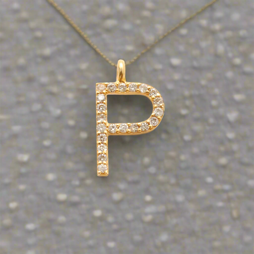 14K Gold Diamond P Letter Charm – Side Profile View