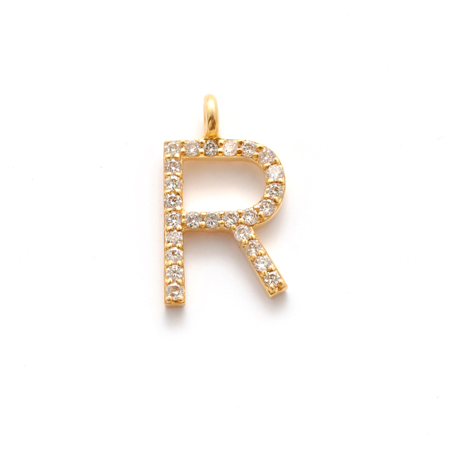 14K Gold Diamond R Letter Charm – Side Profile View