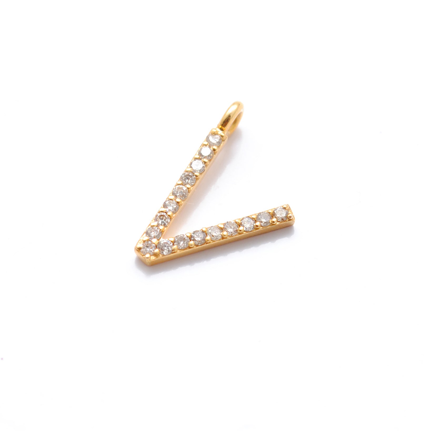 14K Gold Diamond V Letter Charm – Side Profile View