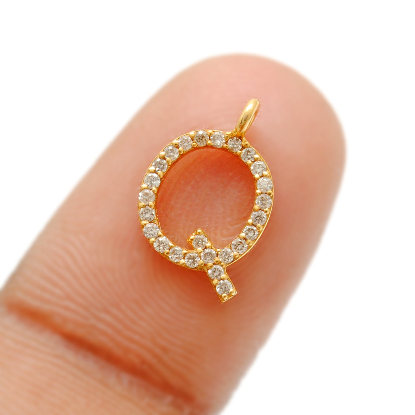 14K Gold Pavé Diamond Q Charm – Angle View