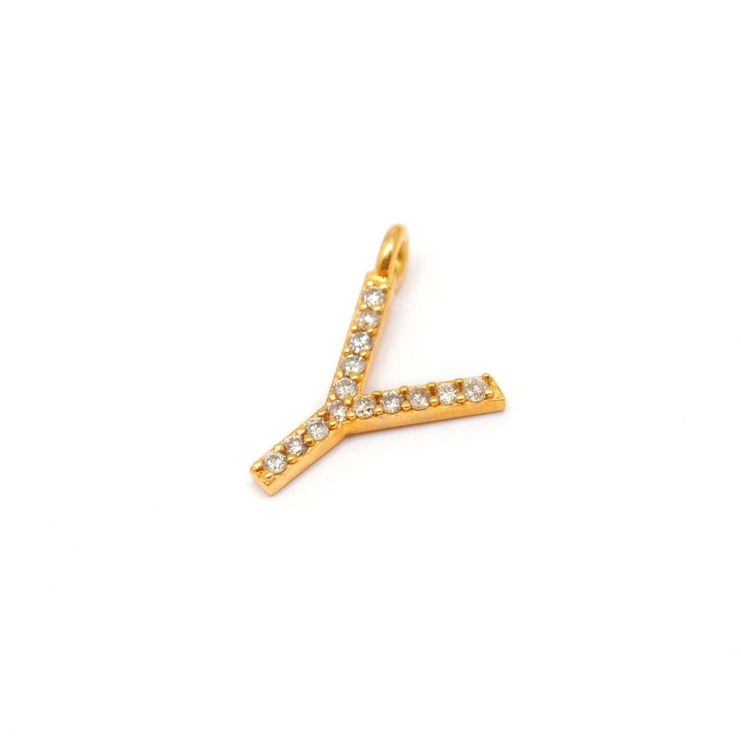 14K Gold Pavé Diamond Y Letter Charm – Angle View