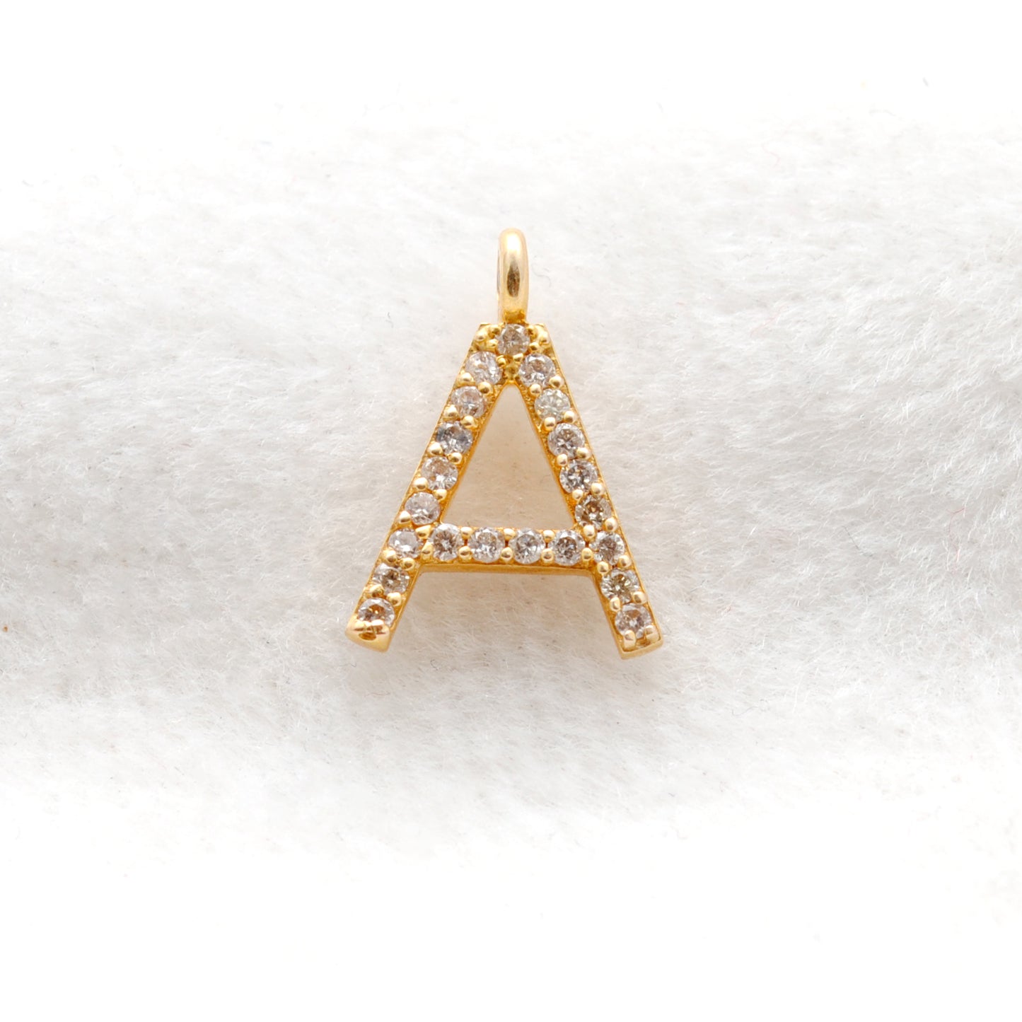 14K Solid Gold Diamond A Initial Charm – Overhead View