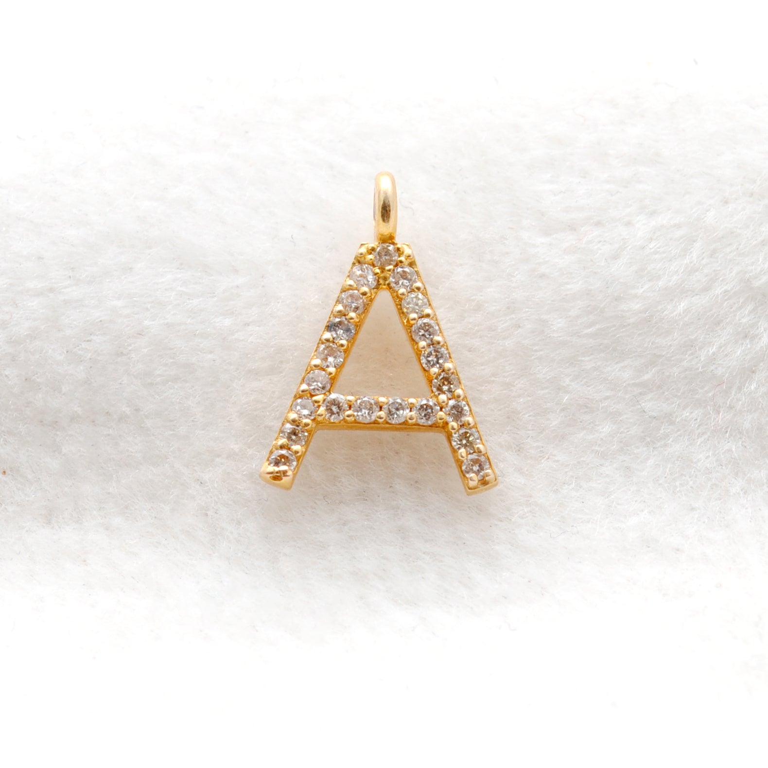 14K Solid Gold Diamond A Initial Charm – Overhead View