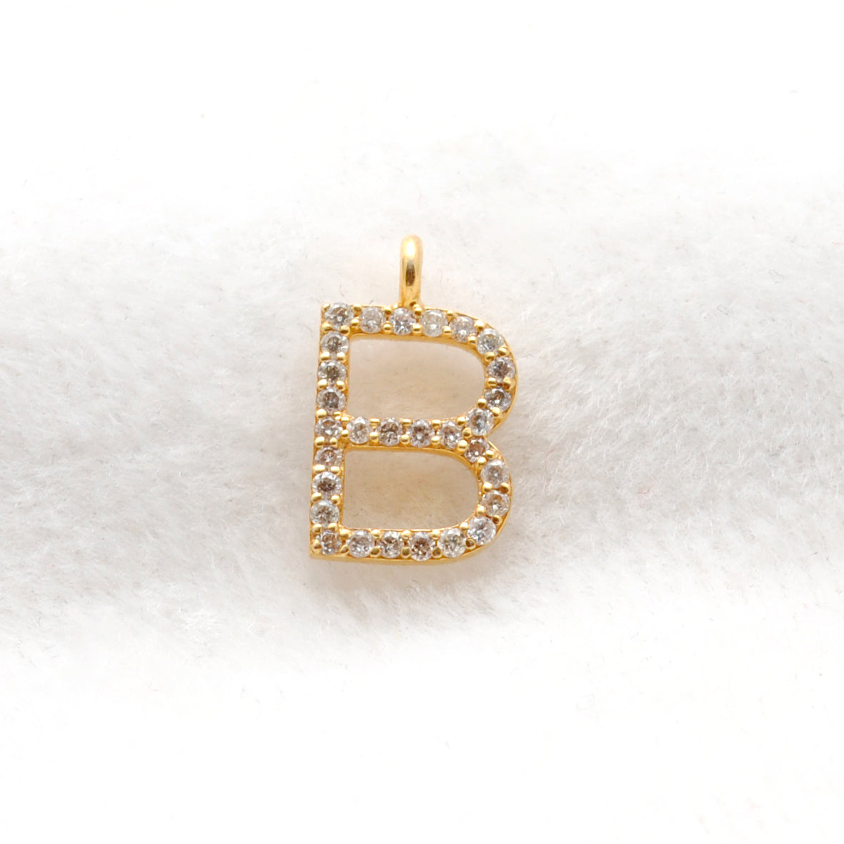 14K Solid Gold Diamond B Initial Charm – Overhead View