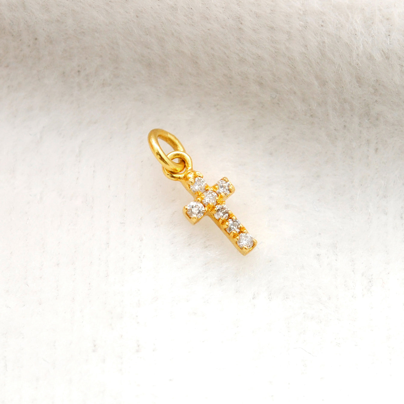 14K Solid Gold Diamond Cross Charm – Overhead View