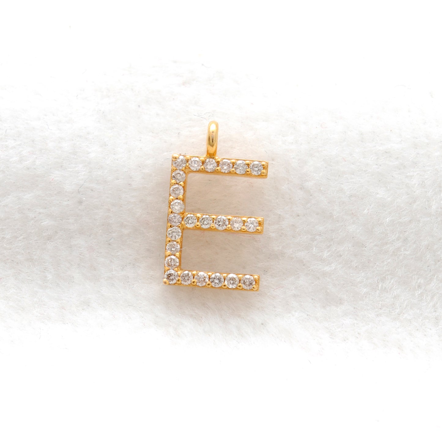 14K Solid Gold Diamond E Initial Charm – Overhead View