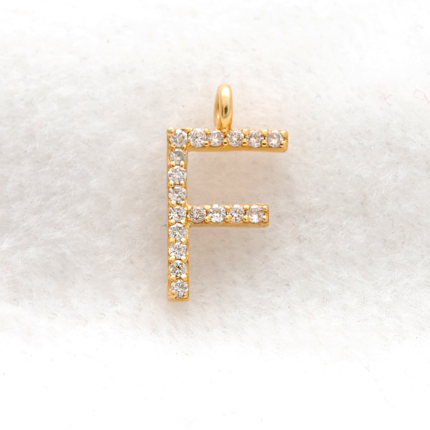 14K Solid Gold Diamond F Initial Charm – Overhead View