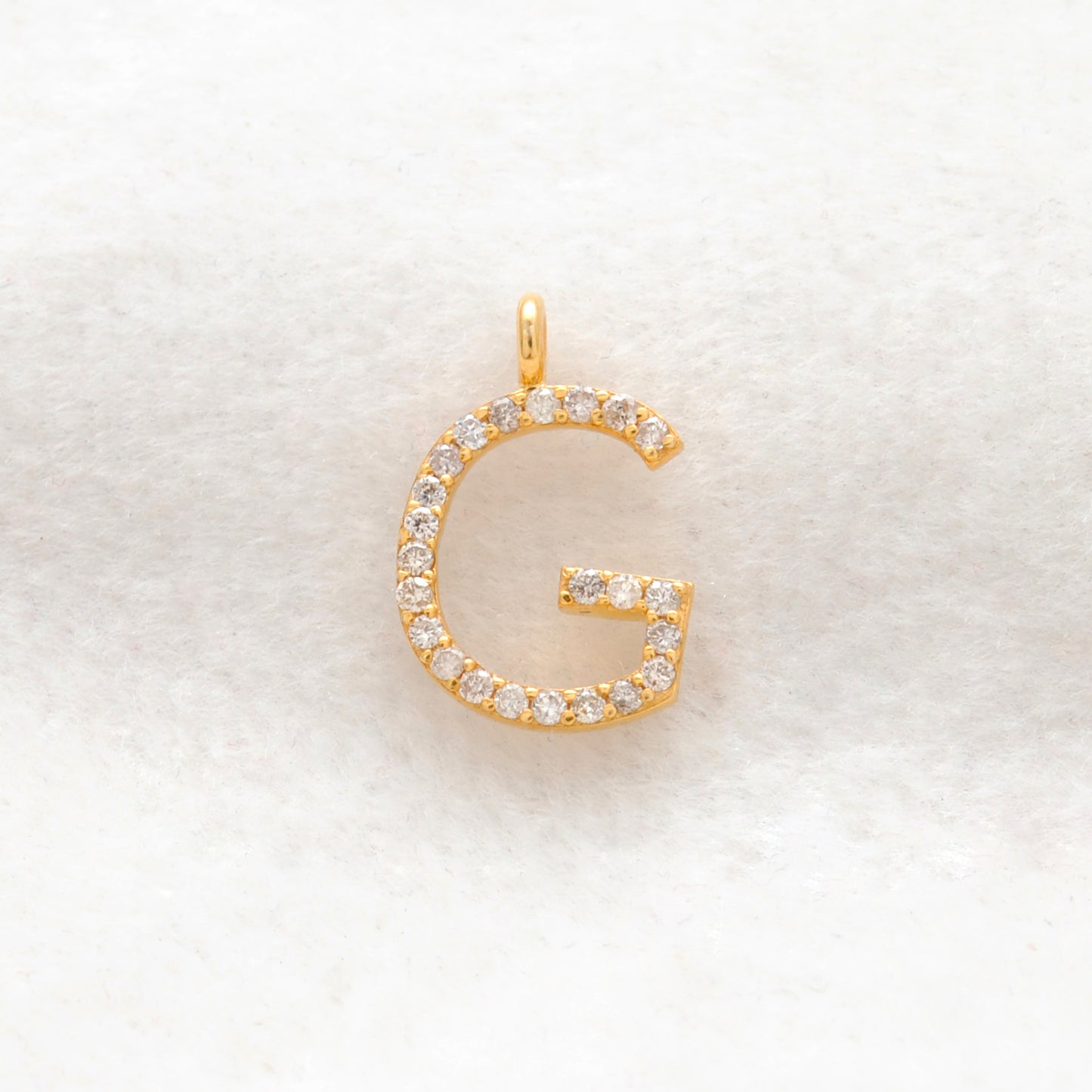 14K Solid Gold Diamond G Initial Charm – Overhead View