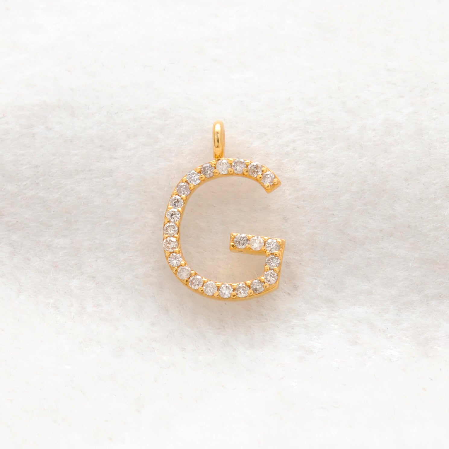 14K Solid Gold Diamond G Initial Charm – Overhead View