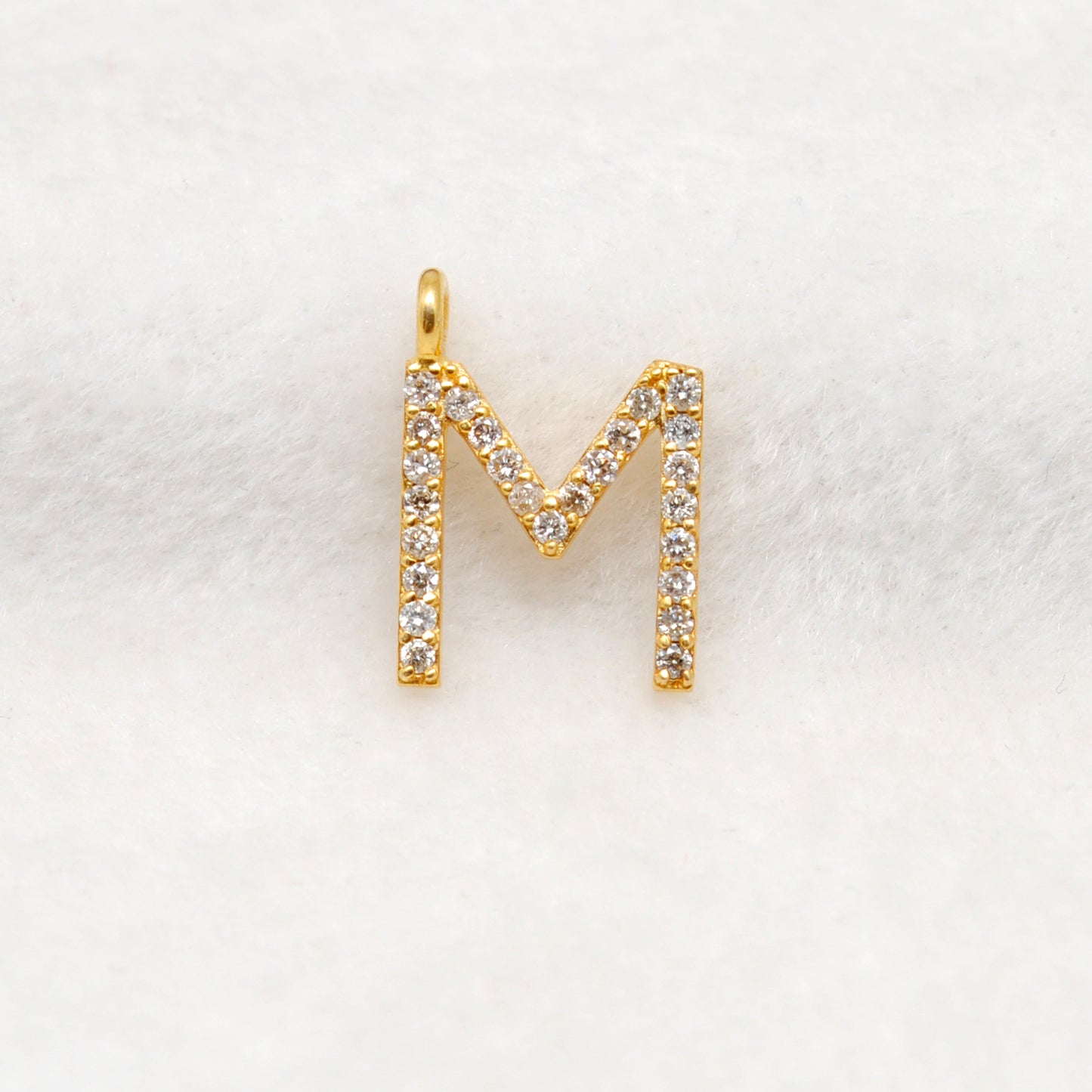 14K Solid Gold Diamond M Initial Charm – Overhead View