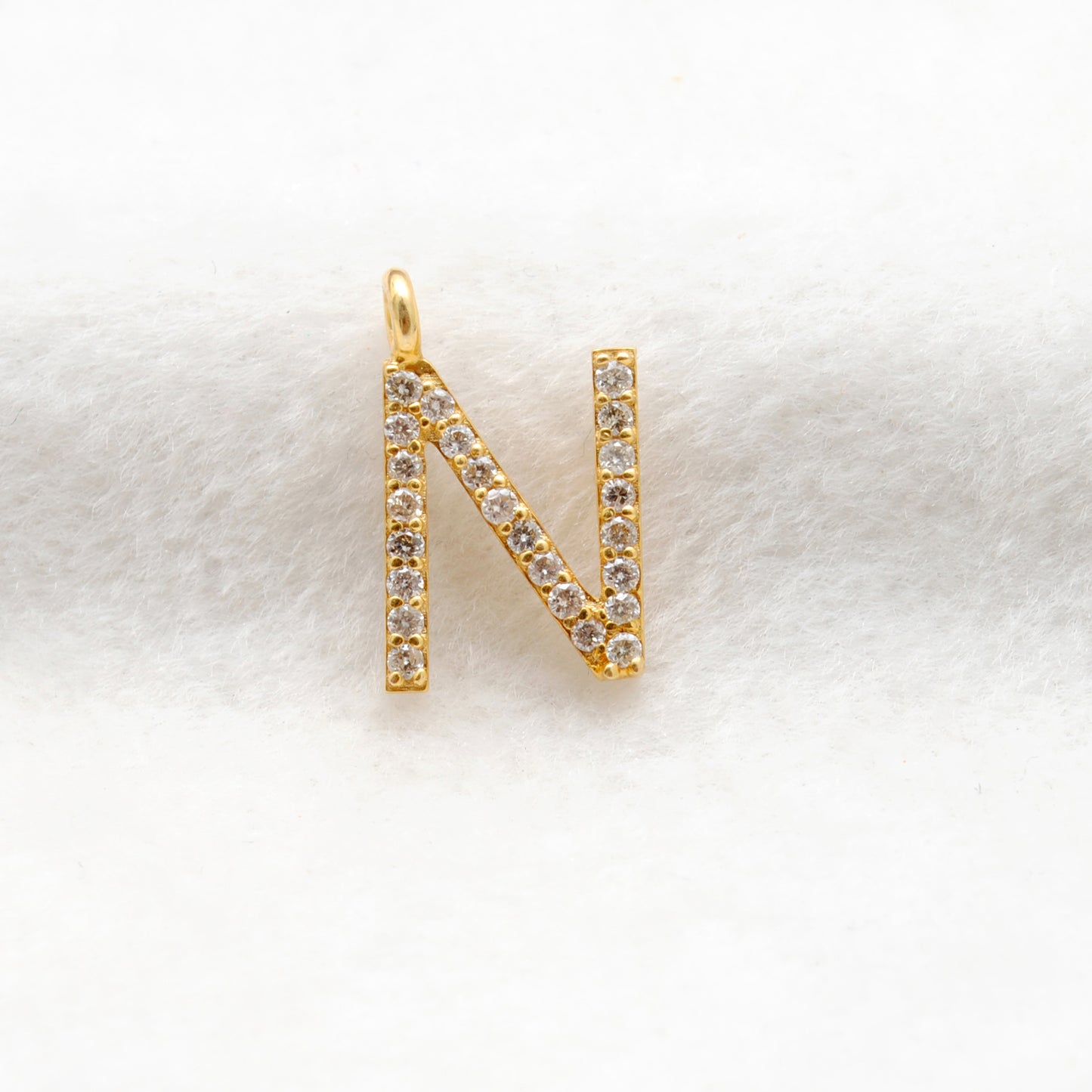14K Solid Gold Diamond N Initial Charm – Overhead View