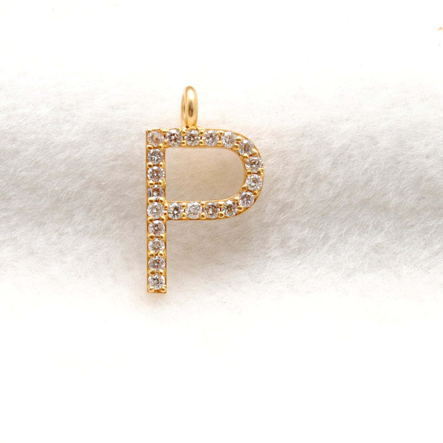 14K Solid Gold Diamond P Initial Charm – Overhead View