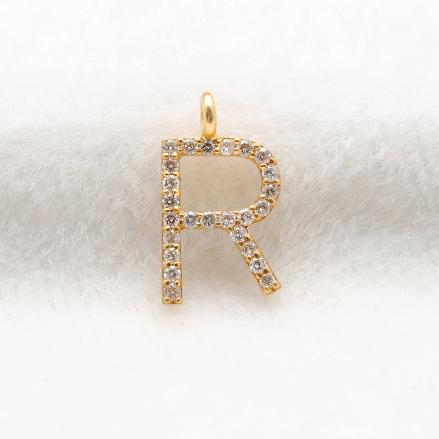 14K Solid Gold Diamond R Initial Charm – Overhead View