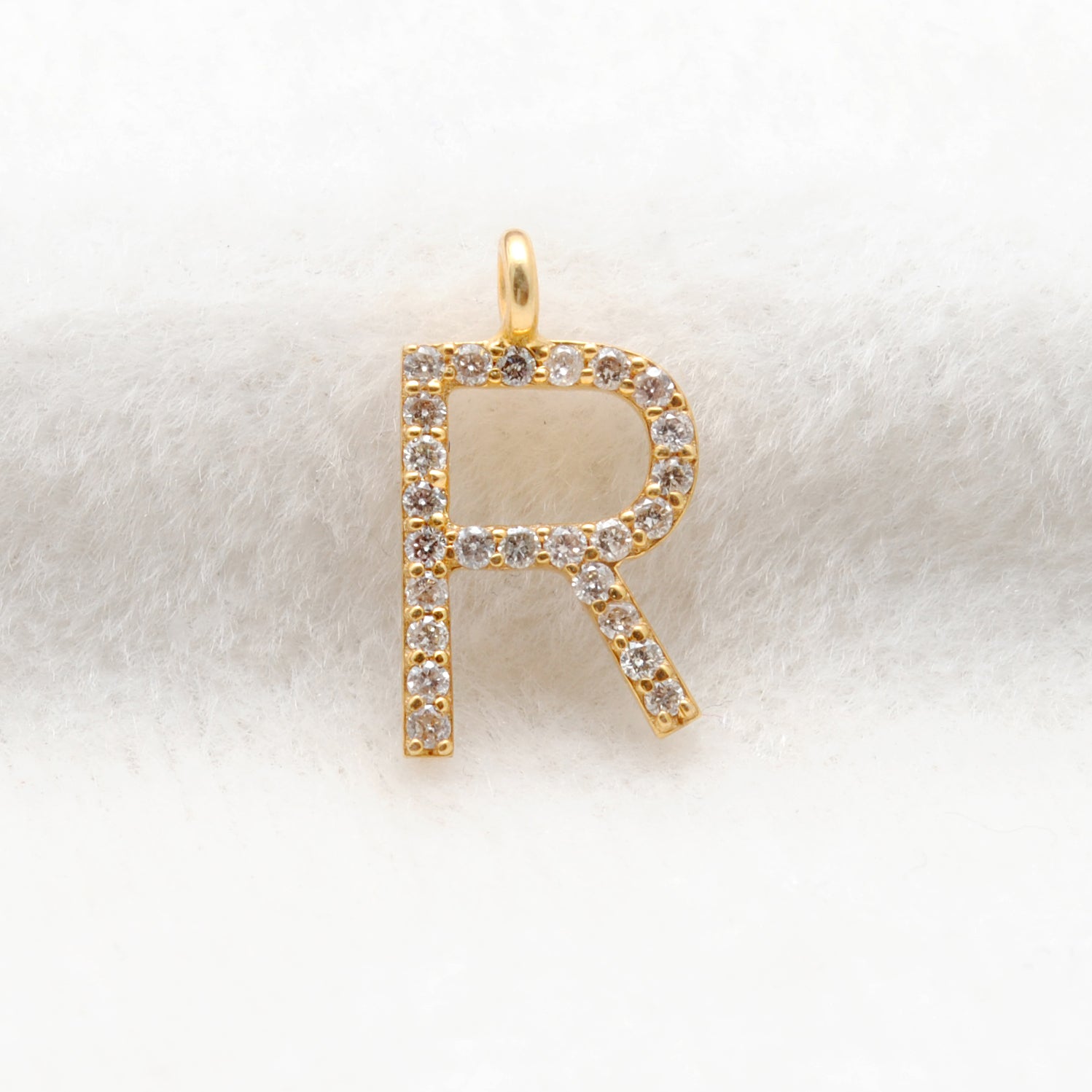 14K Solid Gold Diamond R Initial Charm – Overhead View