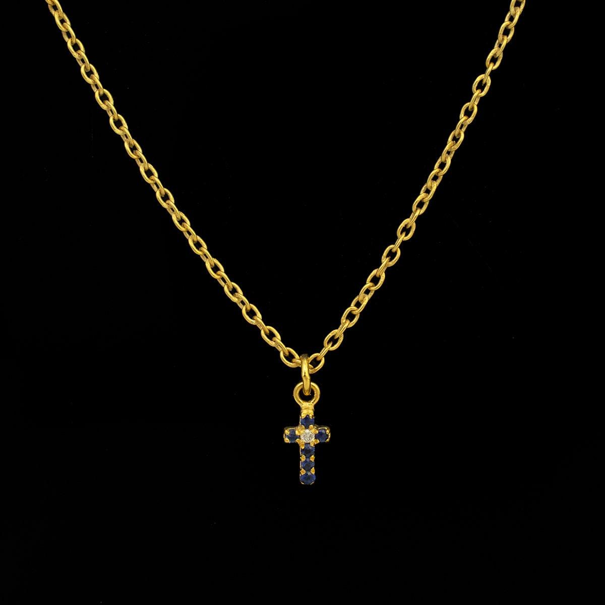 14K Solid Gold Diamond & Sapphire Cross Charm – Overhead View