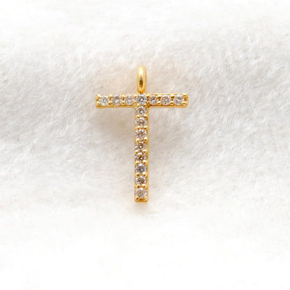 14K Solid Gold Diamond T Initial Charm – Overhead View
