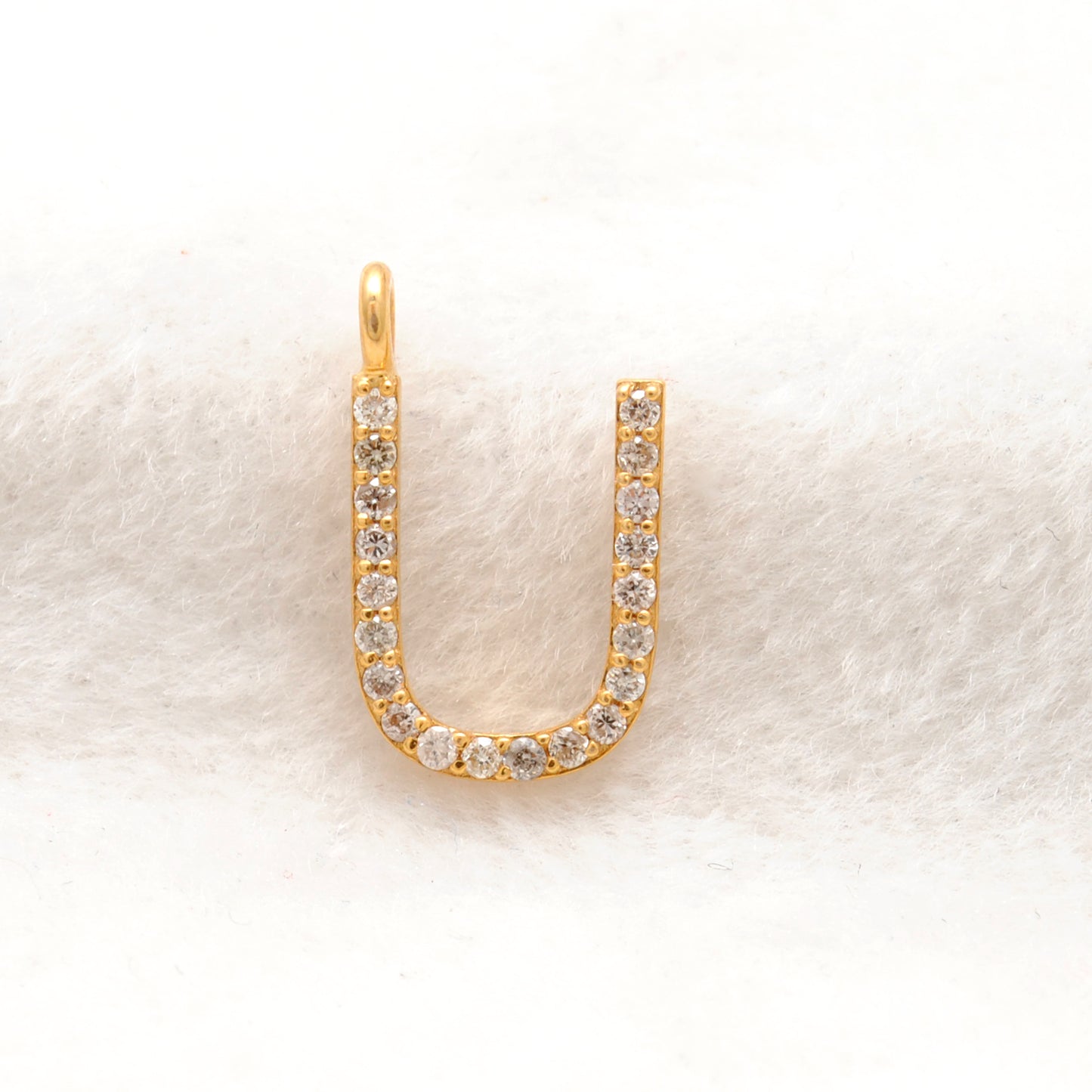 14K Solid Gold Diamond U Initial Charm – Overhead View