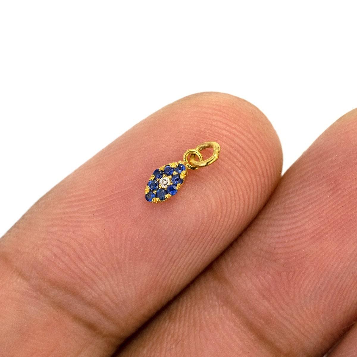 14K Solid Gold Pavé Diamond & Blue Sapphire Charm Pendant – Front View