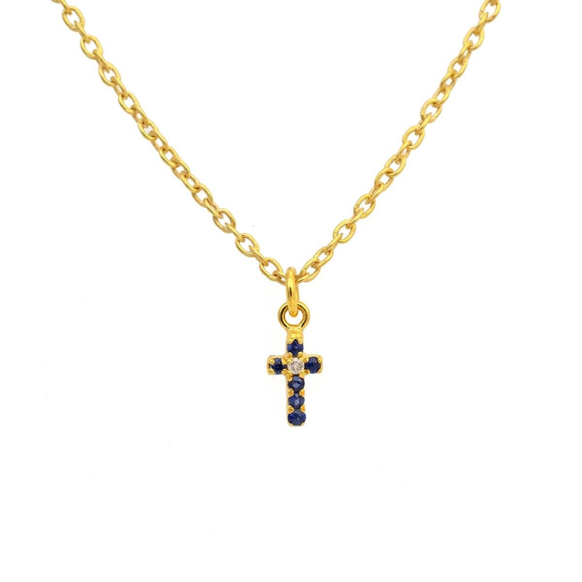 14K Solid Gold Pavé Diamond & Blue Sapphire Cross Charm – Front View