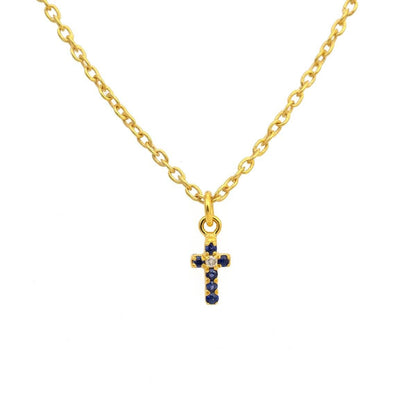 14K Solid Gold Pavé Diamond & Blue Sapphire Cross Charm – Front View