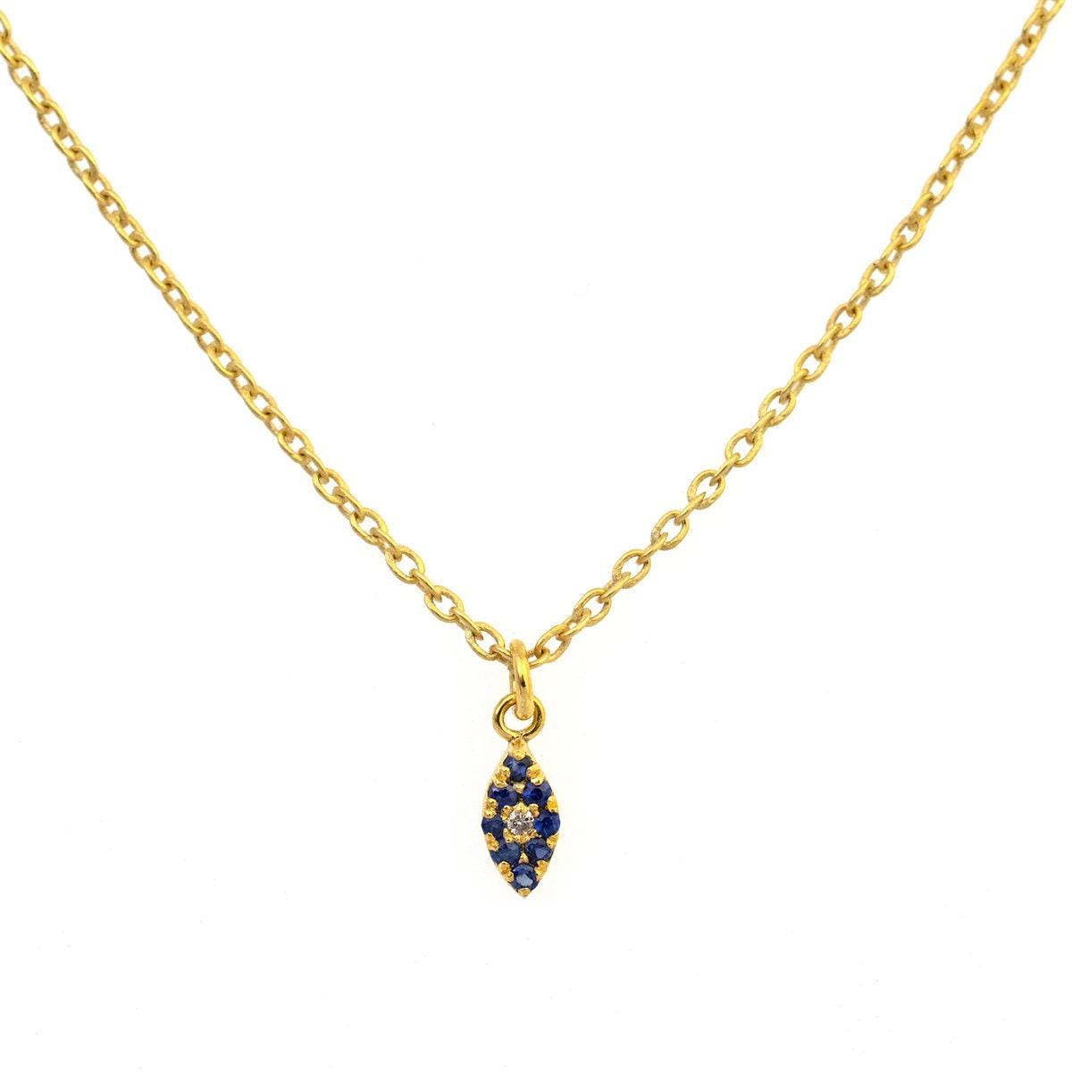 14K Solid Gold Pavé Diamond & Blue Sapphire Evil Eye Charm – Front View