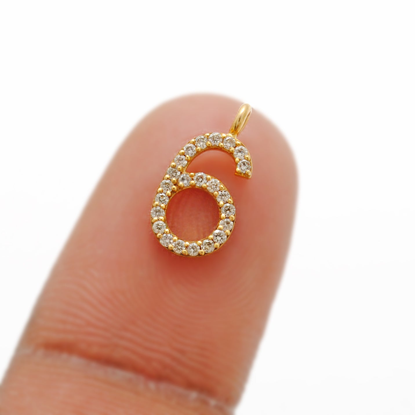 14K Solid Gold Pavé Diamond Number 6 Charm – Front View