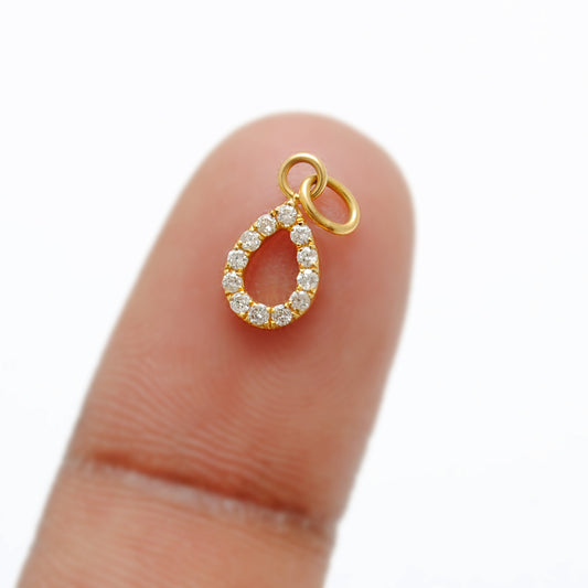 14K Solid Gold Pavé Diamond Teardrop Charm Pendant – Front View