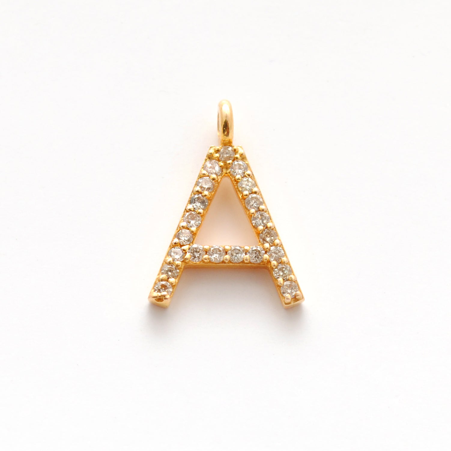 14K Solid Yellow Gold Pavé Diamond A Initial Letter Charm – Front View