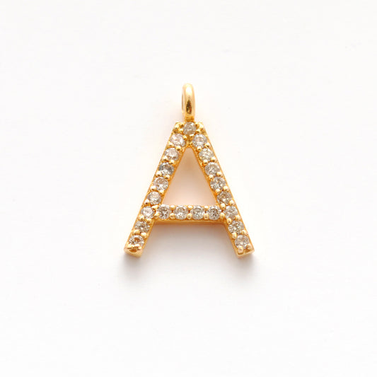 14K Solid Yellow Gold Pavé Diamond A Initial Letter Charm – Front View