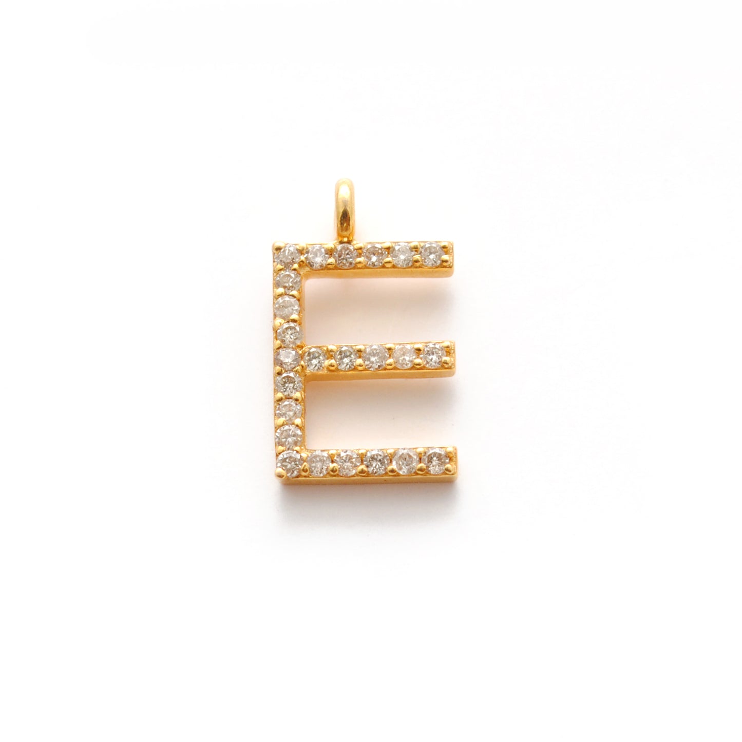 14K Solid Yellow Gold Pavé Diamond E Initial Letter Charm – Front View