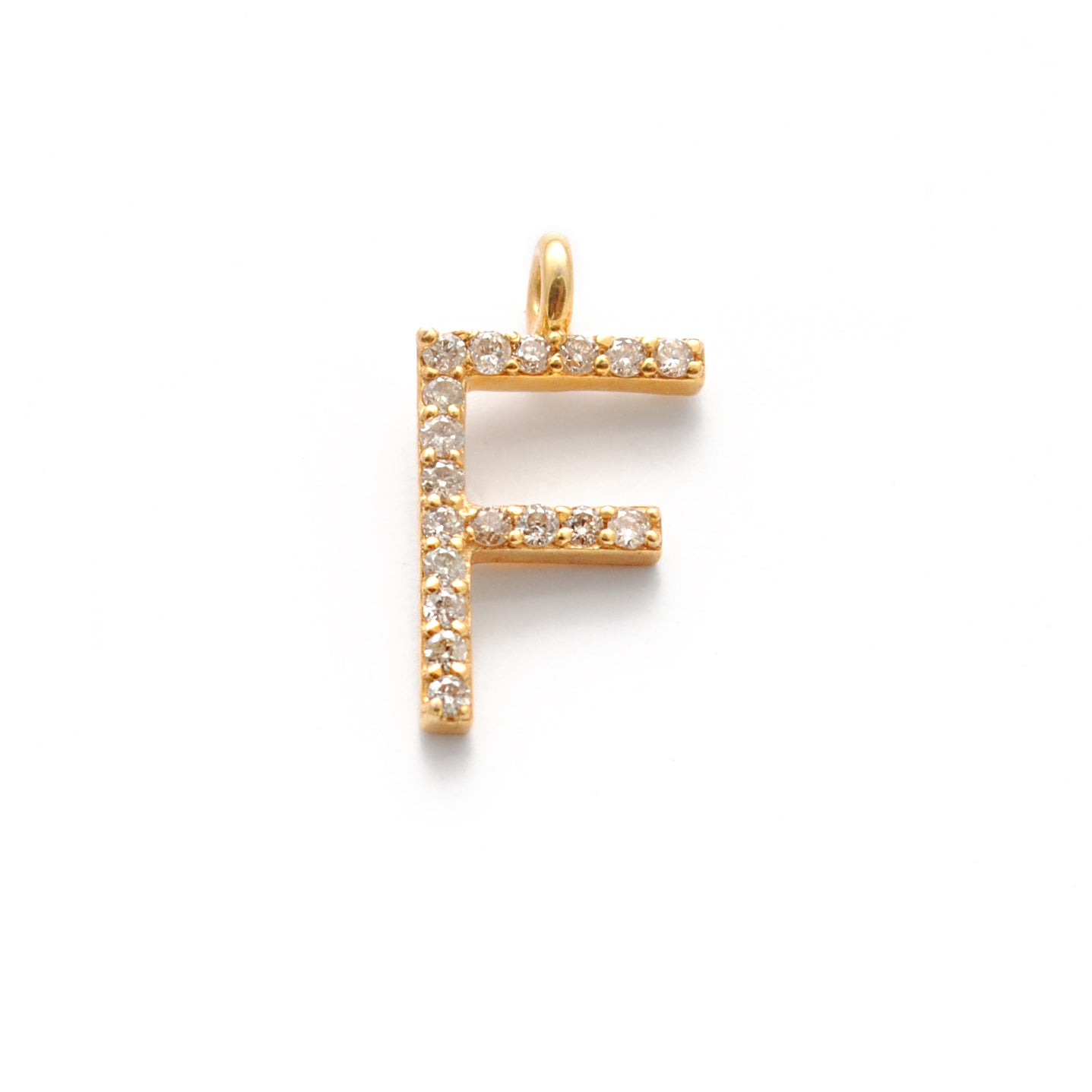14K Solid Yellow Gold Pavé Diamond F Initial Letter Charm – Front View