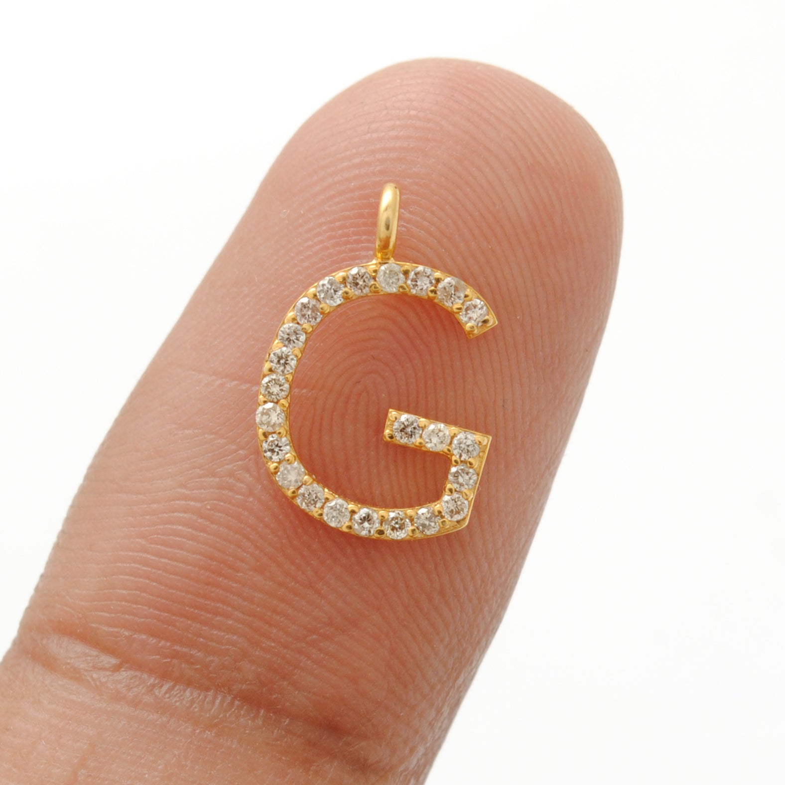 14K Solid Yellow Gold Pavé Diamond G Initial Letter Charm – Front View
