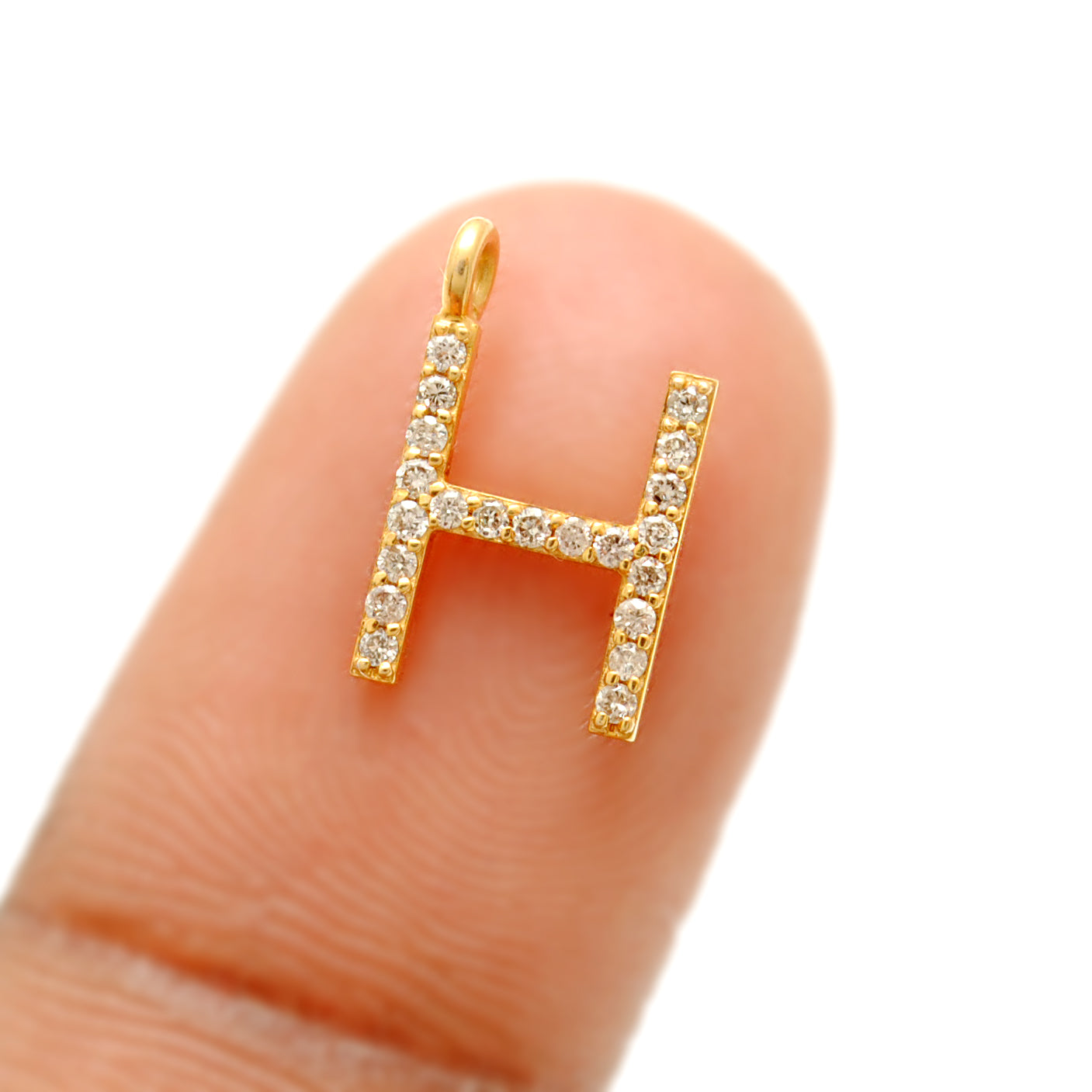 14K Solid Yellow Gold Pavé Diamond H Initial Letter Charm – Front View