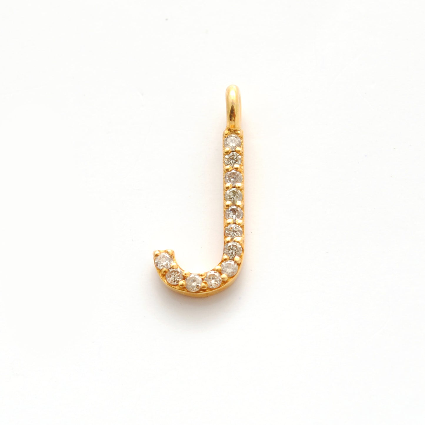 14K Solid Yellow Gold Pavé Diamond J Initial Letter Charm – Front View