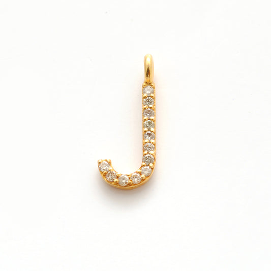 14K Solid Yellow Gold Pavé Diamond J Initial Letter Charm – Front View