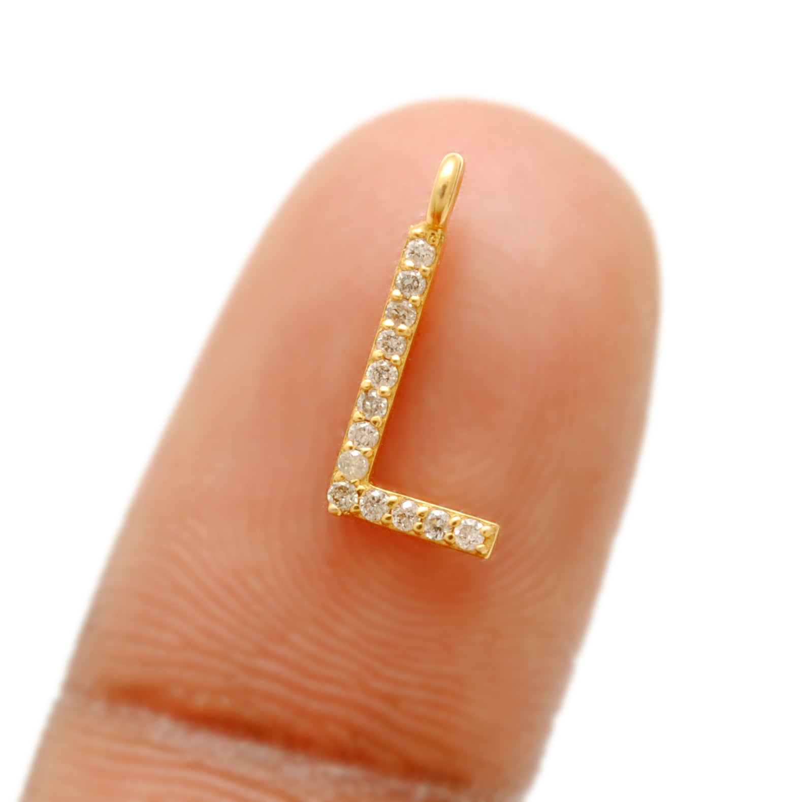 14K Solid Yellow Gold Pavé Diamond L Initial Letter Charm – Front View