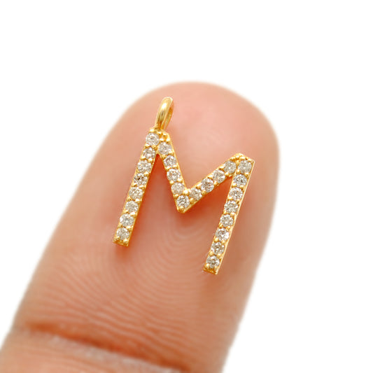 14K Solid Yellow Gold Pavé Diamond M Initial Letter Charm – Front View