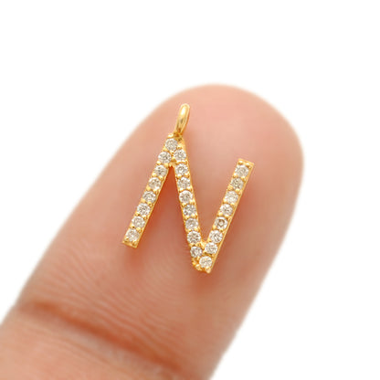 14K Solid Yellow Gold Pavé Diamond N Initial Letter Charm – Front View
