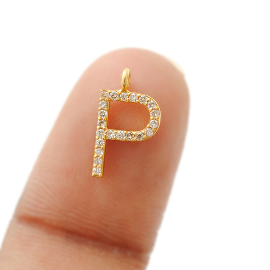 14K Solid Yellow Gold Pavé Diamond P Initial Letter Charm – Front View