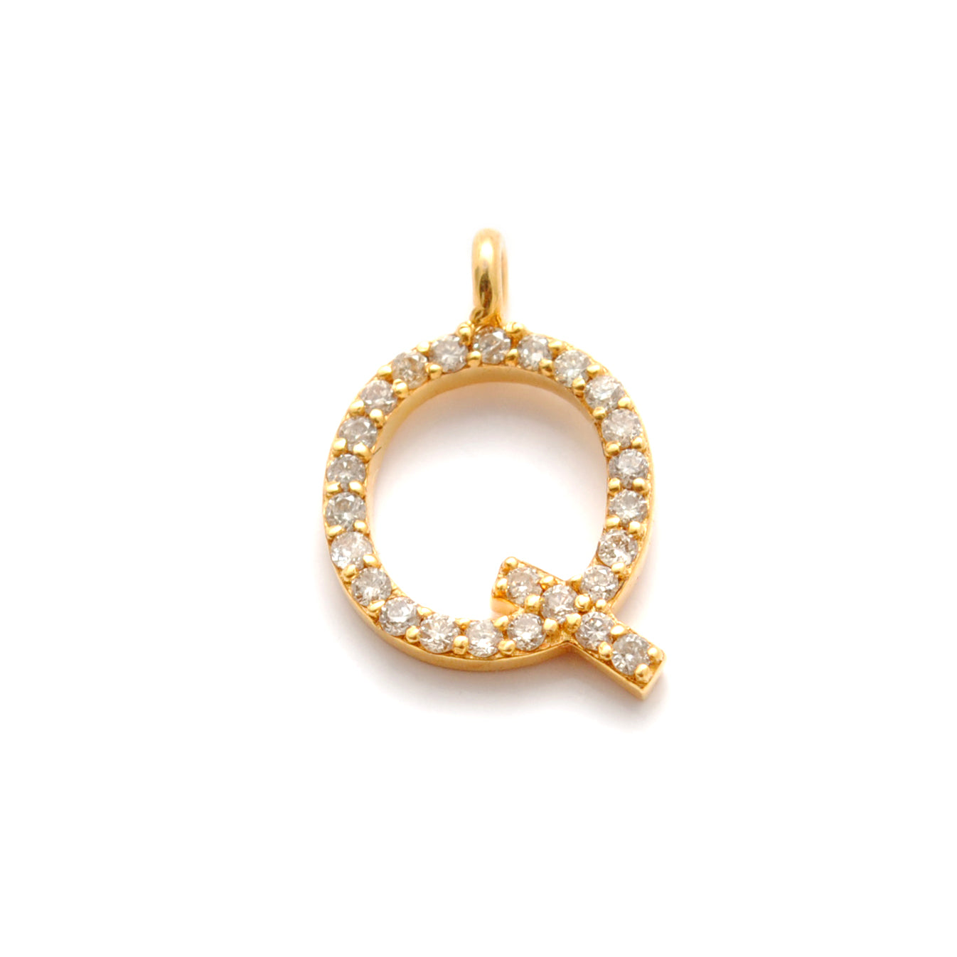 14K Solid Yellow Gold Pavé Diamond Q Initial Letter Charm – Front View