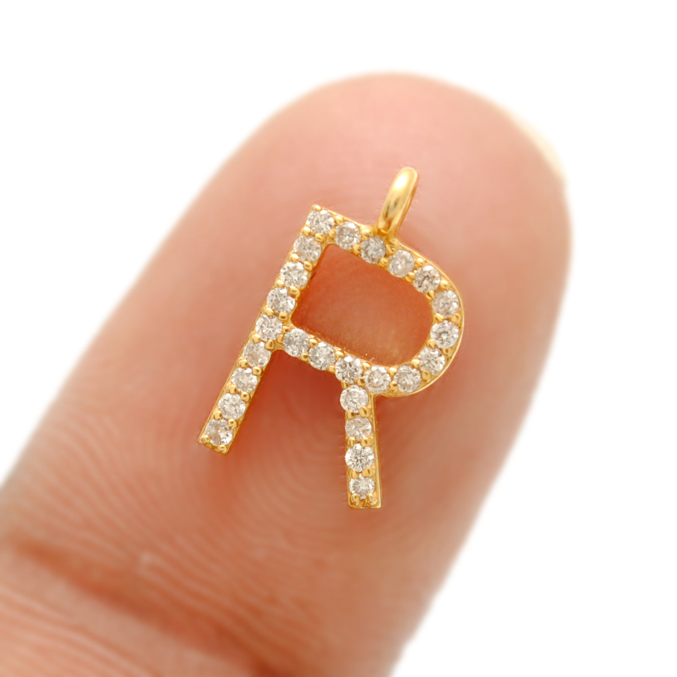 14K Solid Yellow Gold Pavé Diamond R Initial Letter Charm – Front View