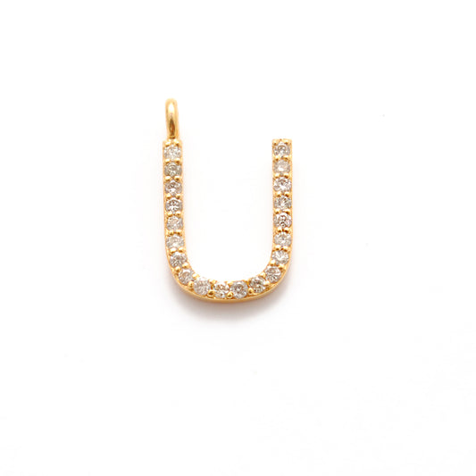 14K Solid Yellow Gold Pavé Diamond U Initial Letter Charm – Front View