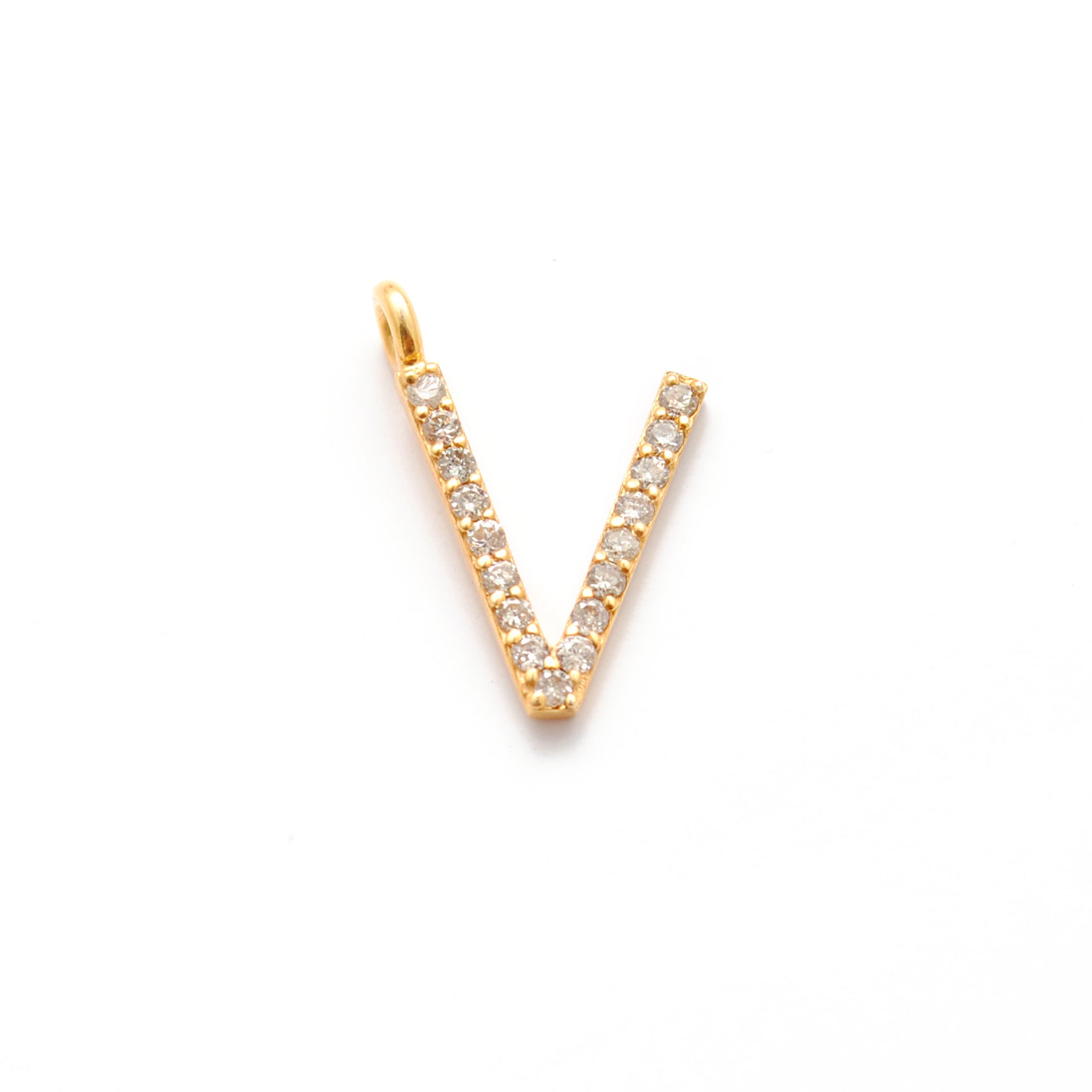 14K Solid Yellow Gold Pavé Diamond V Initial Letter Charm – Front View