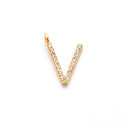 14K Solid Yellow Gold Pavé Diamond V Initial Letter Charm – Front View
